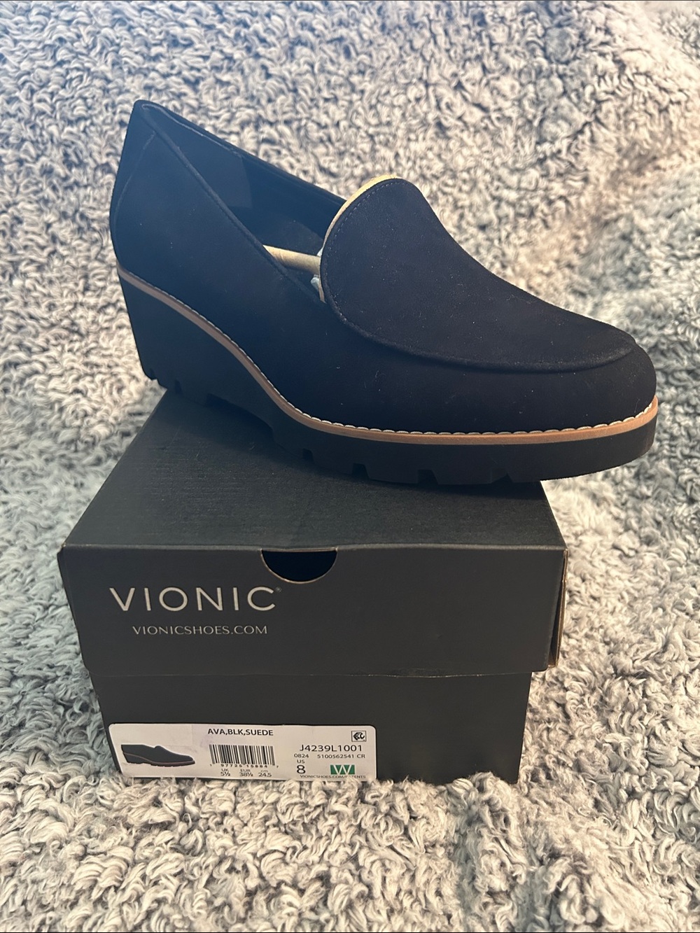 Vionic Ava Black Suede Wedge Loafer with Lug Sole New SZ 8